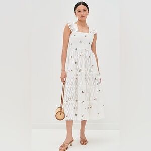 Hill House Ellie Nap Dress in White Eyelet with Floral Embroidery